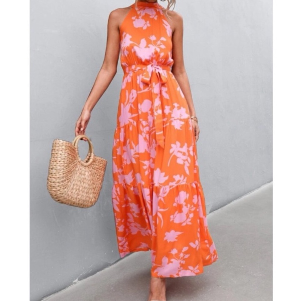 Boho pink floral print belted halter maxi dress - Picture 4 of 12